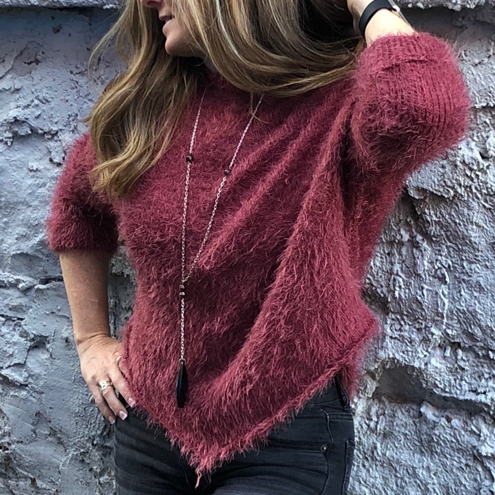 Trendy Batwing Sleeved Eyelash Sweater in Marsala - Picture 1 of 8